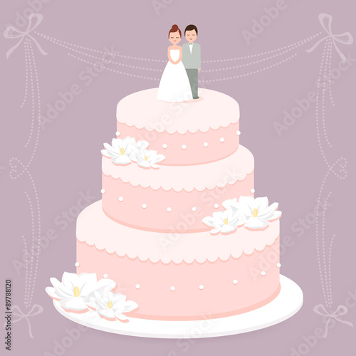 Wedding cake decorated with flowers and a bride and groom cake topper. Vector illustration