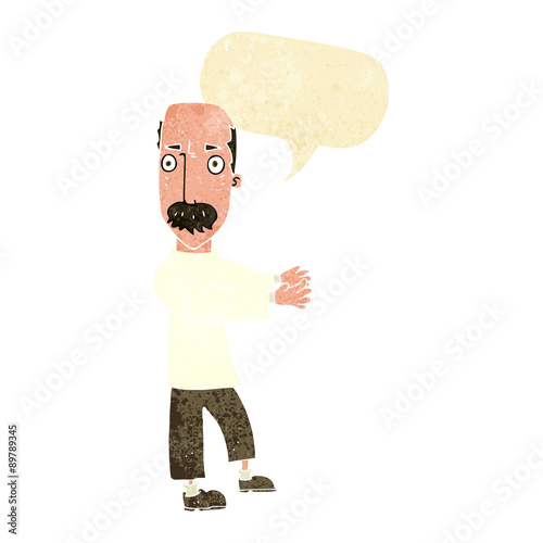 cartoon balding man explaining with speech bubble