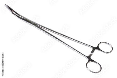 a pair of stainless steel surgical forceps over a white background photo