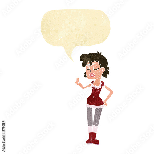 cartoon woman making dismissive gesture with speech bubble