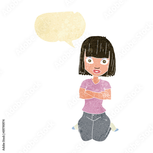 cartoon woman kneeling with speech bubble