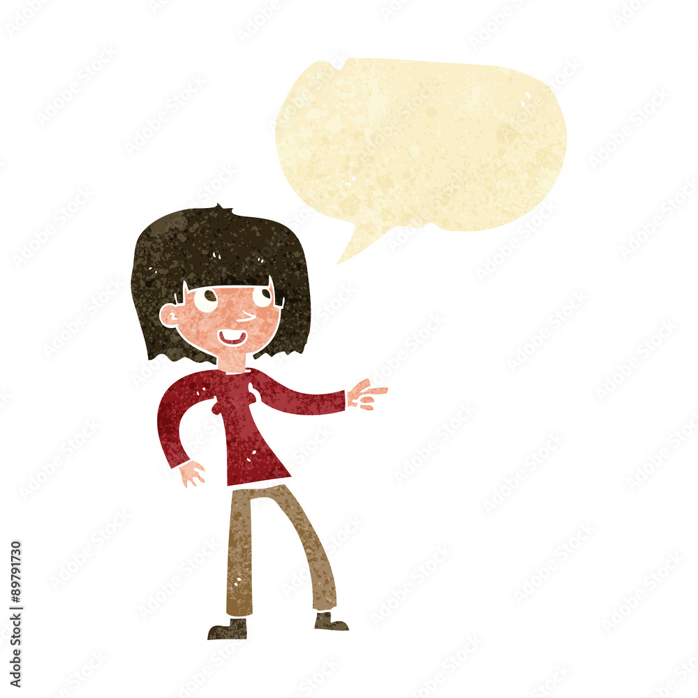cartoon girl pointing with speech bubble cartoon girl pointing with speech bubble