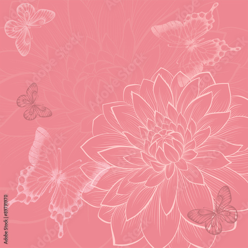 beautiful background with flowers and butterflies, hand-drawn in graphic style