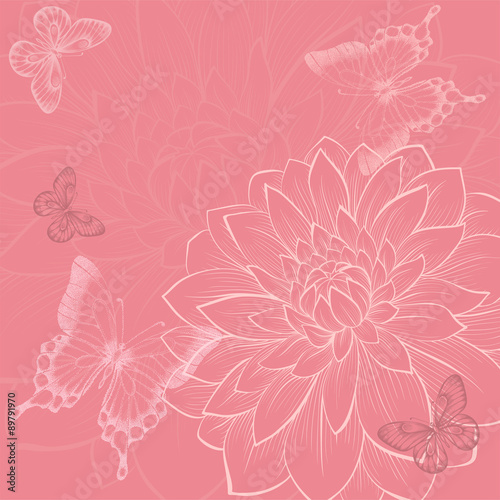 beautiful background with flowers and butterflies  hand-drawn in graphic style