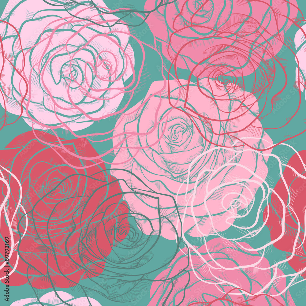 beautiful seamless pattern with roses  in a hand-drawn graphic style in vintage colors