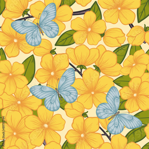 Beautiful seamless background with branches of flowering trees and butterflies