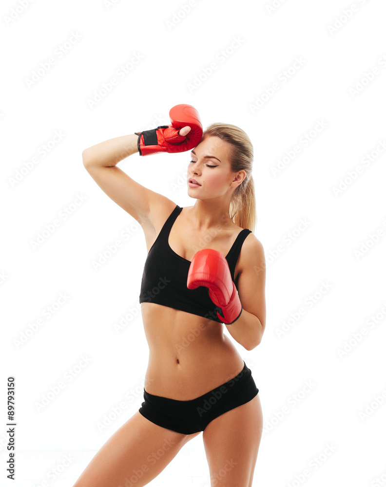 Fitness healthy women boxing in studio isolated Fitness healthy women boxing in studio isolated