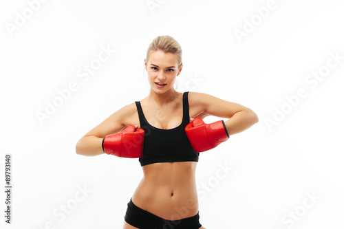 Fitness healthy women boxing in studio isolated