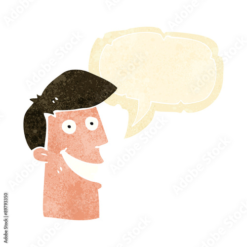 cartoon grinning man with speech bubble