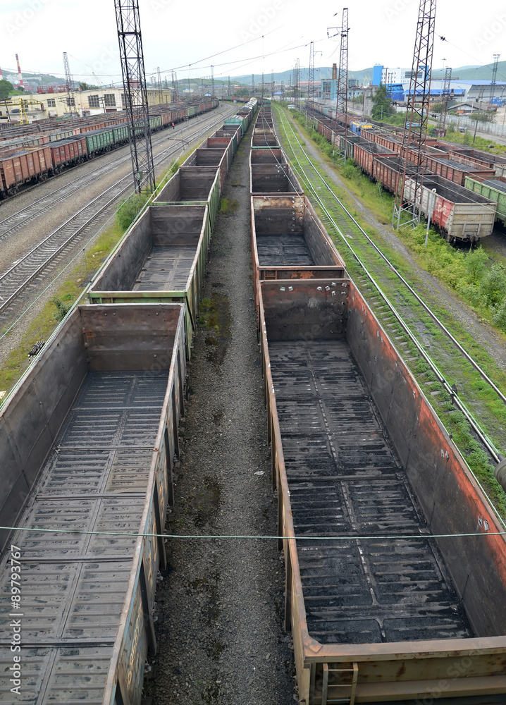 Empty freight cars stand on railway station Murmansk, Russia Empty freight cars stand on railway station Murmansk, Russia