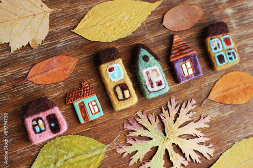 toy houses and autumn leaves