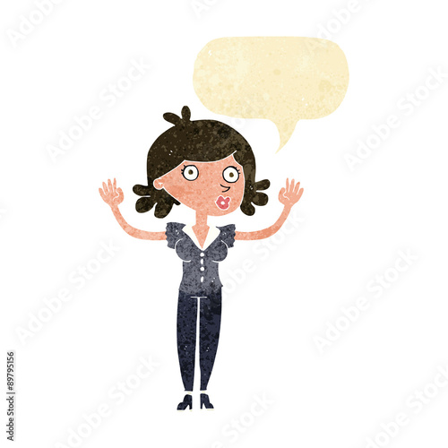cartoon woman surrendering with speech bubble