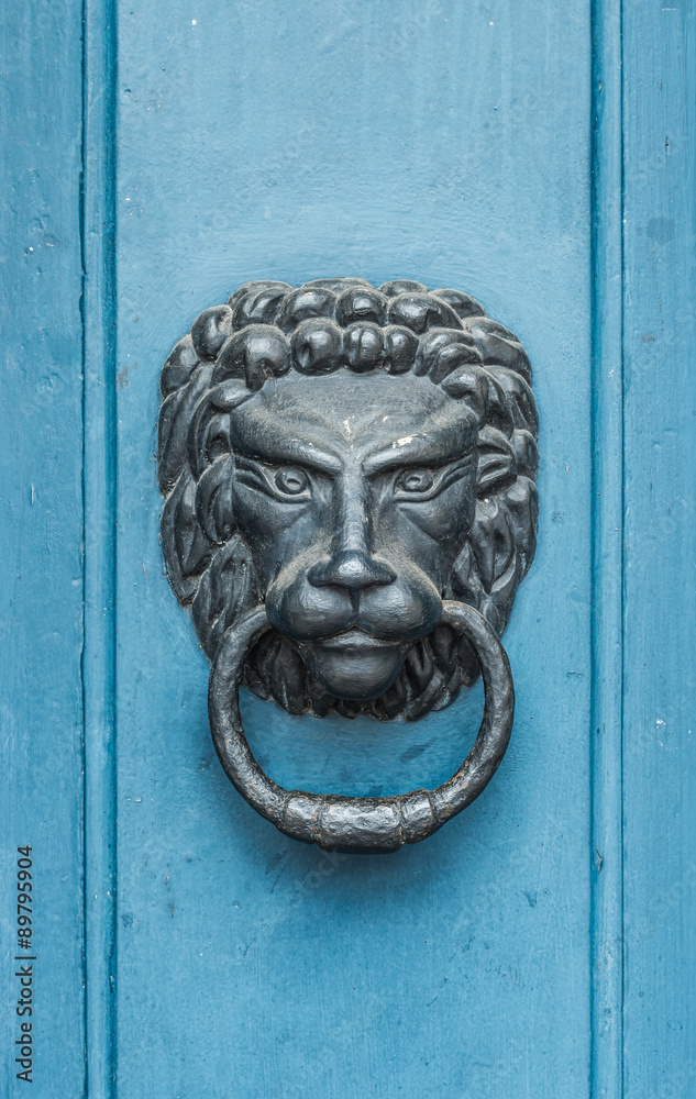 Iron lion knocker on the old blue wooden door 