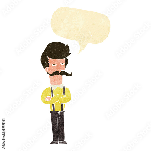 cartoon man with mustache with speech bubble