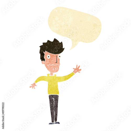 cartoon worried man reaching out with speech bubble