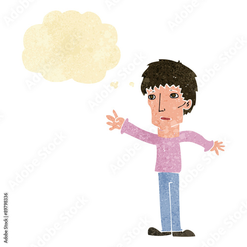cartoon worried man reaching out with speech bubble