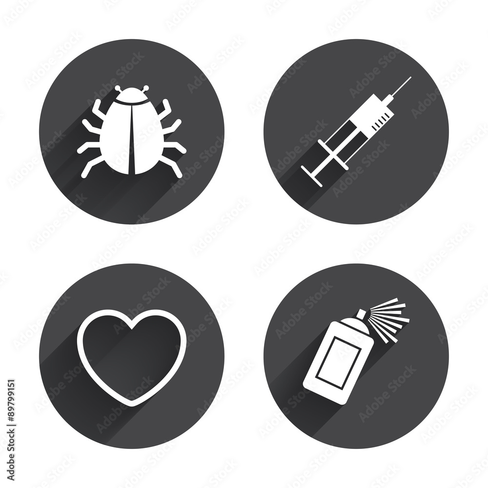 Bug and vaccine signs. Heart, spray can icons Bug and vaccine signs. Heart, spray can icons