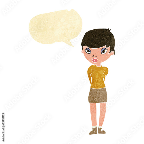 cartoon shy woman with speech bubble