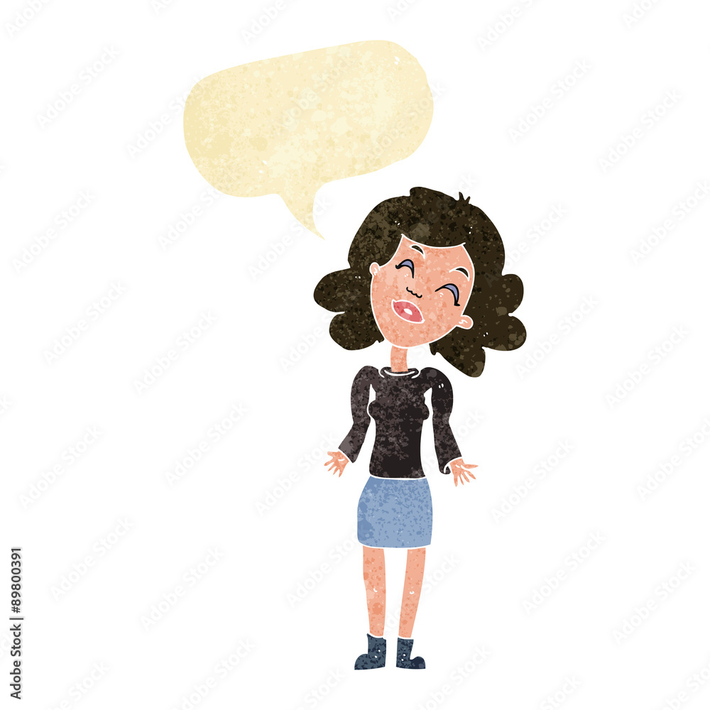 cartoon woman shrugging shoulders with speech bubble cartoon woman shrugging shoulders with speech bubble