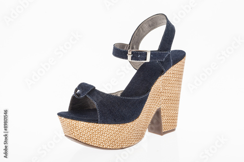 platform shoes made of cloth blue jean on white background