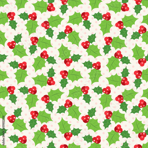 Seamless pattern of holly berry sprig. illustration