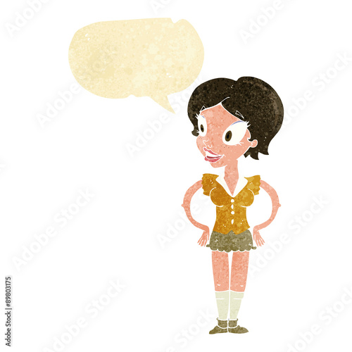 cartoon happy woman in short skirt with speech bubble
