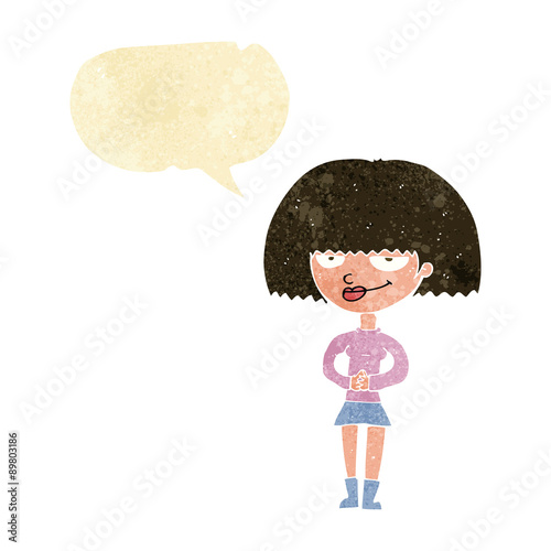 cartoon sly woman with speech bubble