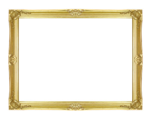 Gold picture frame on white background.