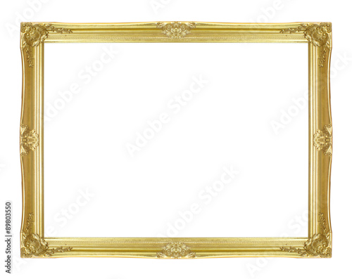 Gold picture frame on white background.
