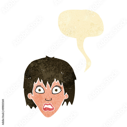 cartoon frightened woman with speech bubble