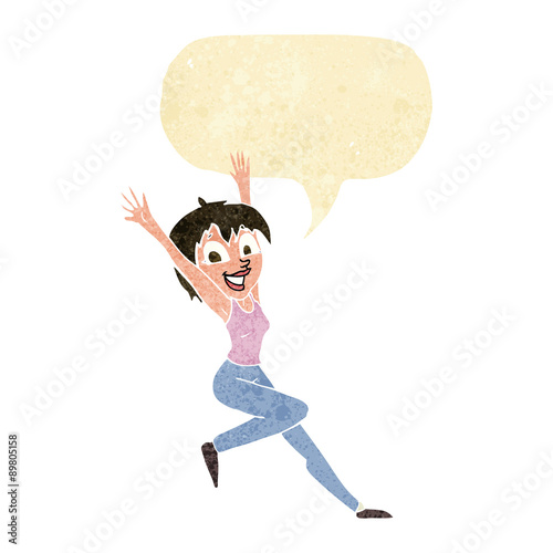 cartoon excited woman with speech bubble