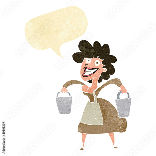 cartoon milkmaid carrying buckets with speech bubble