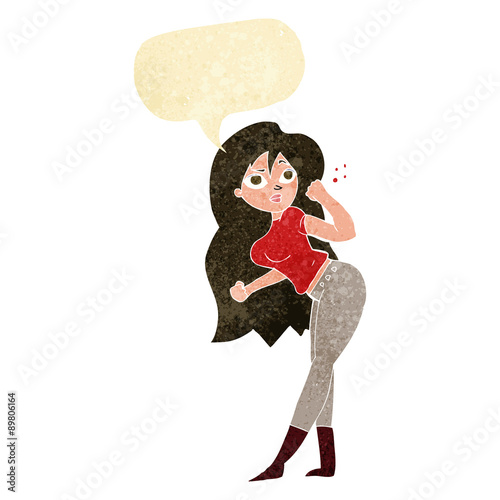 cartoon woman raising fist with speech bubble