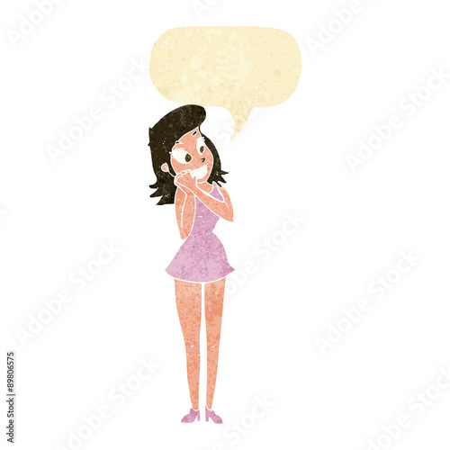 cartoon excited woman with speech bubble
