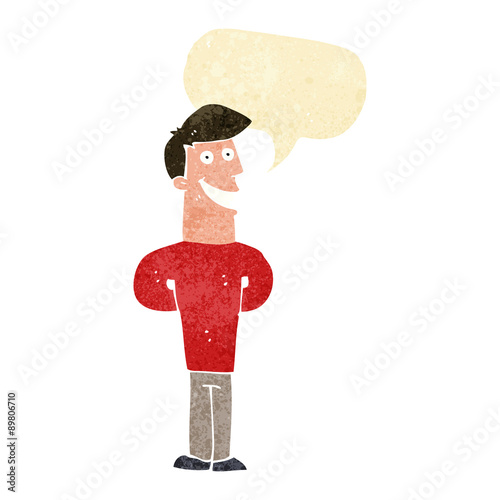 cartoon grinning man with speech bubble