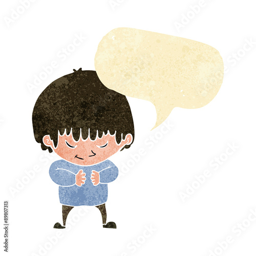cartoon shy boy with speech bubble