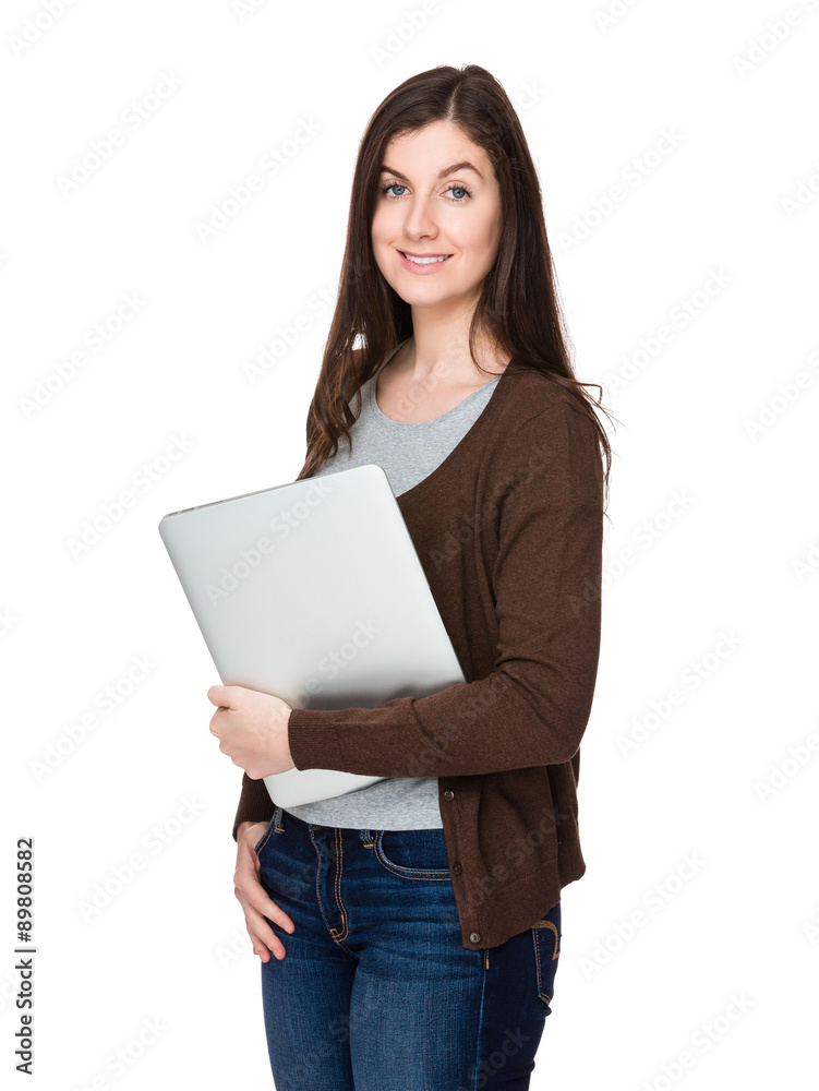 Brunette woman hold with laptop computer