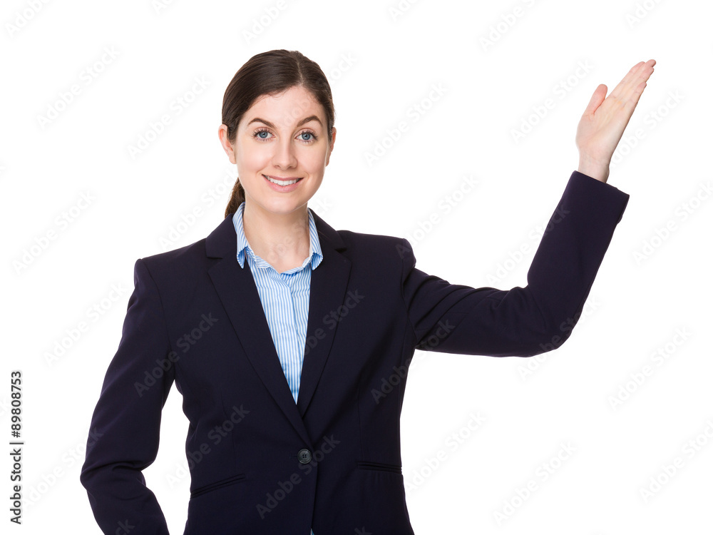 Brunette young businesswoman with open hand palm Brunette young businesswoman with open hand palm