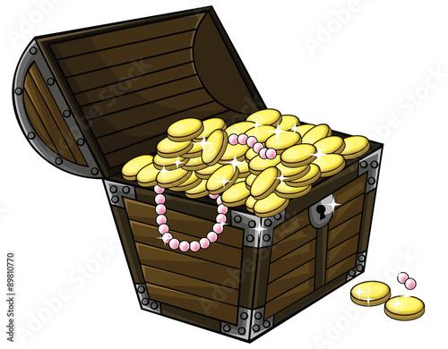 Cartoon treasure chest crate with gold coins and pearl necklace in isolated background vector