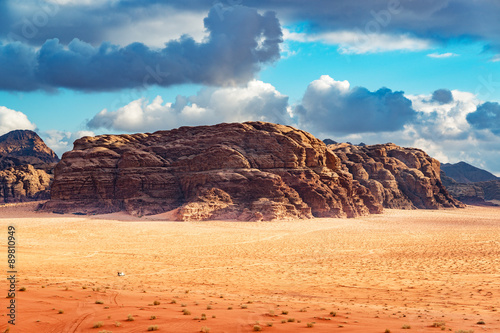 Jordanian desert in Wadi Rum  southern Jordan 60 km to the east of Aqaba. Wadi Rum has led to its designation as a UNESCO World Heritage Site and is known as The Valley of the Moon.