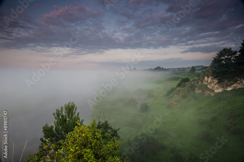 Vistula river valley covered with the mornings mists near Krakow, Poland