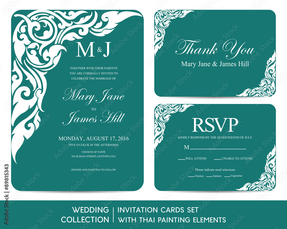 Wedding invitation cards set with thai painting elements