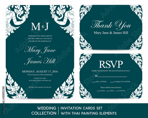 Wedding invitation cards set with thai painting elements