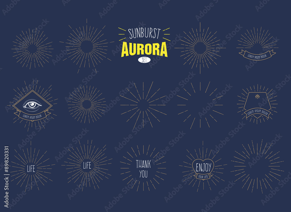'Sunburst Aurora' Set of Retro Sun burst shapes for your next vintage design project. Collection of Sun ray frames vector design elements.Handmade quality illustration.