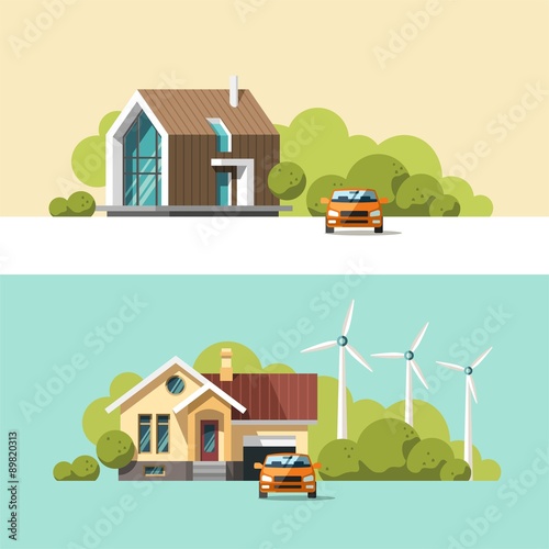 Family home. Traditional and modern house. Flat design vector concept illustration.