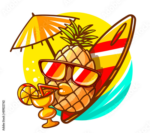 Vector illustration of colorful yellow hipster pineapple with su