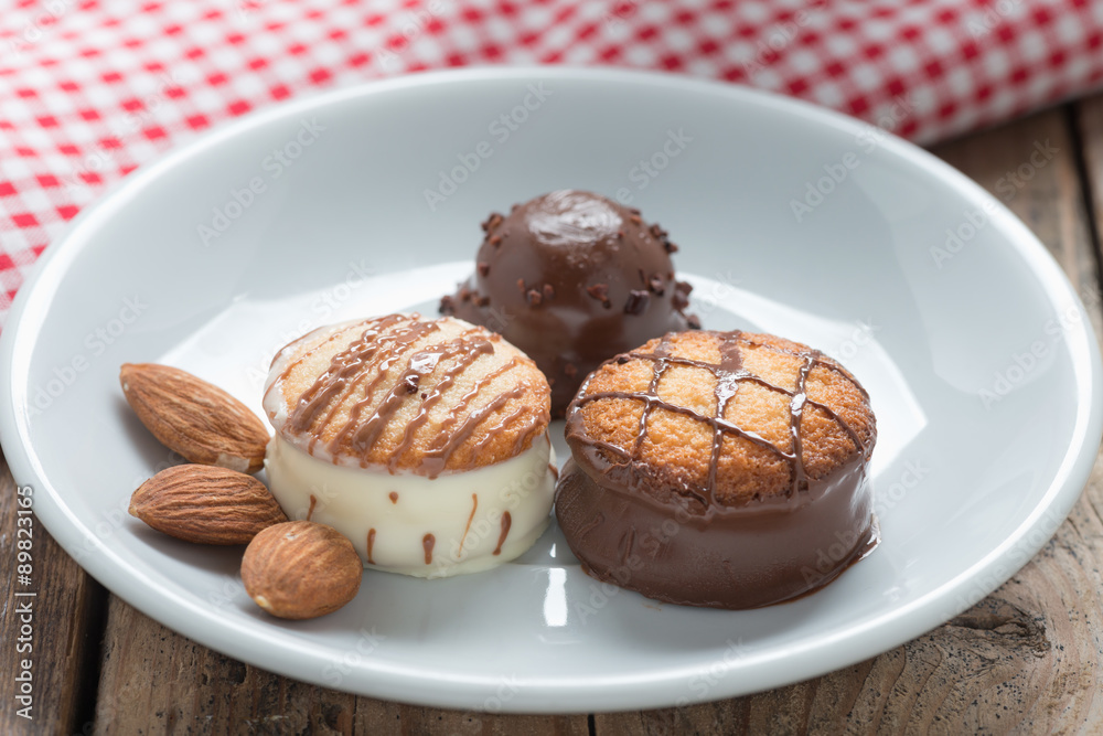 Chocolate candy In White Dish, Close up. Chocolate candy In White Dish, Close up.