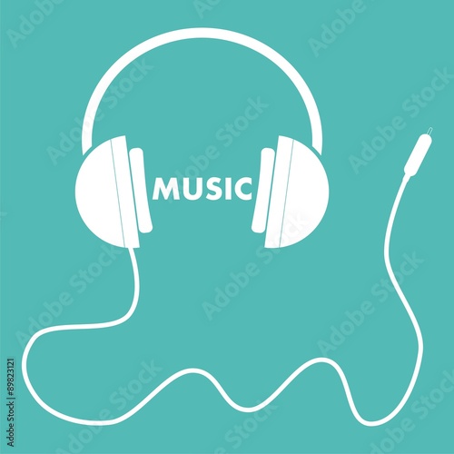 White Headphones with Cord and Word Music white on blue background