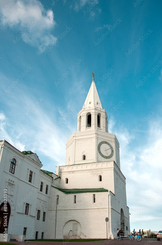 KAZAN, RUSSIA - AUGUST 20, 2015: Spasskaya tower of the Kazan Kremlin- the main tower of his travel and architectural monument of the XVI century. UNESCO World Heritage Site. Kazan, Tatarstan, Russia.