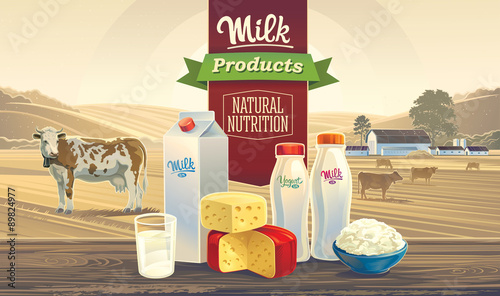 Rural landscape with a cow, and set of milk products, with the words: "Milk product, natural nutrition".